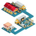 Vector 3D isometric logistic and delivery illustration process of distribution goods from a wholesale warehouse to a retail store